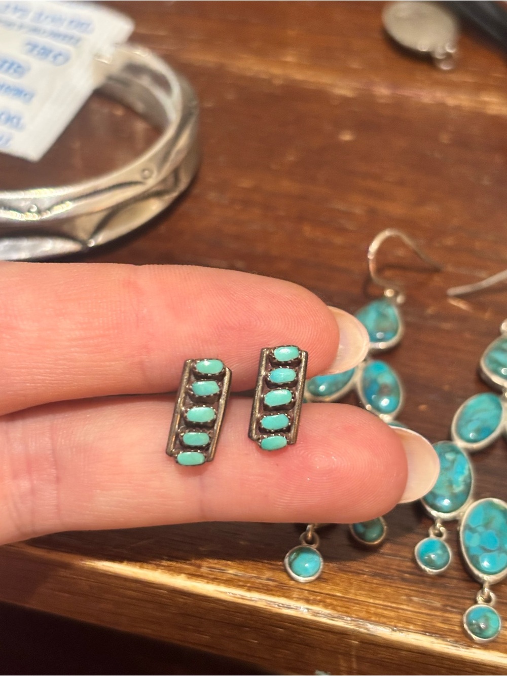 Vintage Turquoise Inlay Sterling-Look Bar Stud Earrings - Turquoise Color